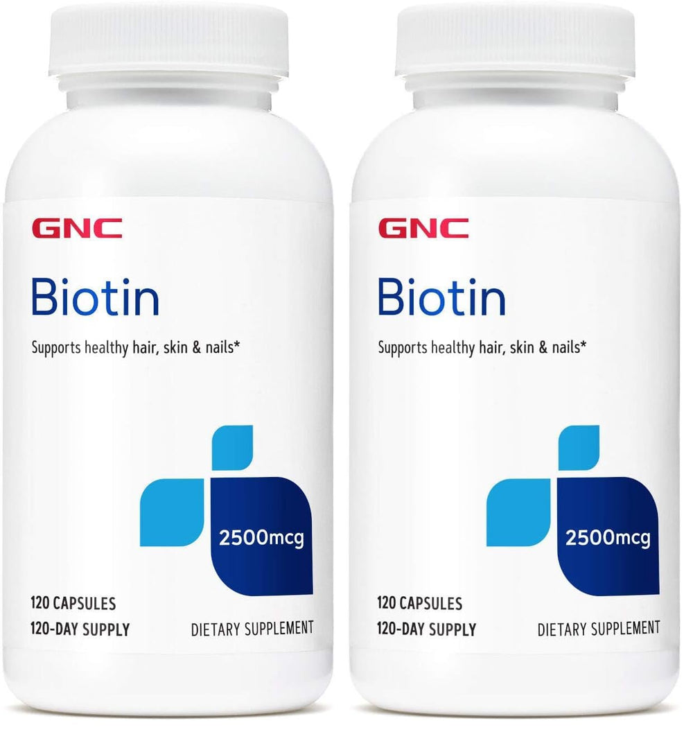 Two bottles of GNC Biotin 2500mcg supplement, 120 capsules each (pack of 2)