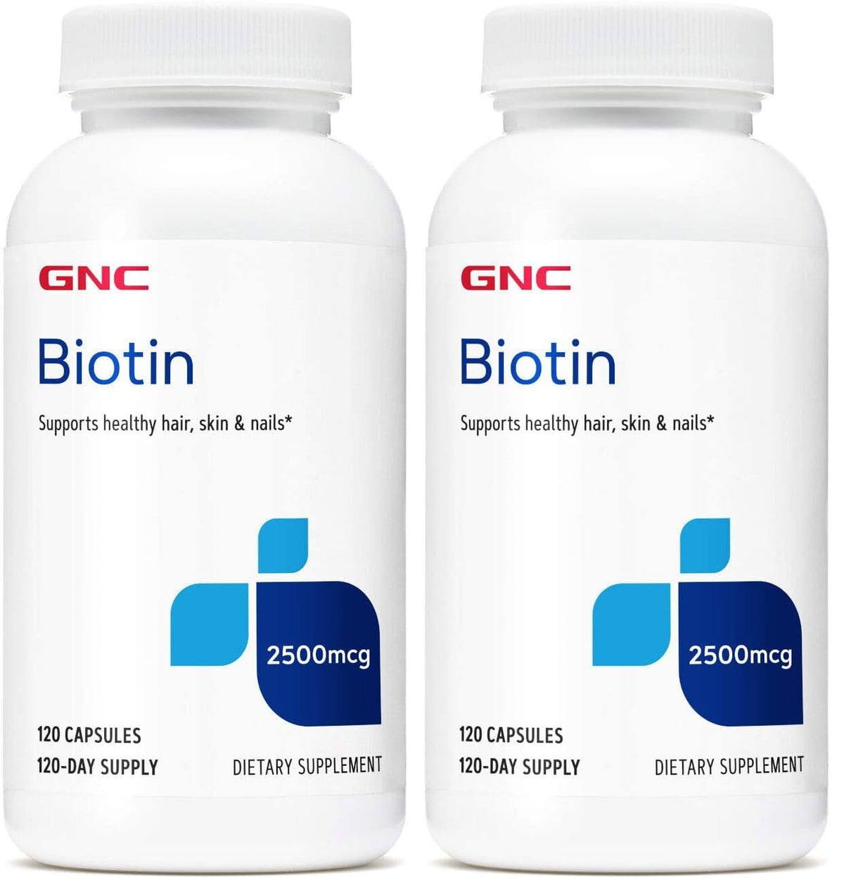 Two bottles of GNC Biotin 2500mcg supplement, 120 capsules each (pack of 2)