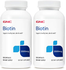 Two bottles of GNC Biotin 2500mcg supplement, 120 capsules each (pack of 2)