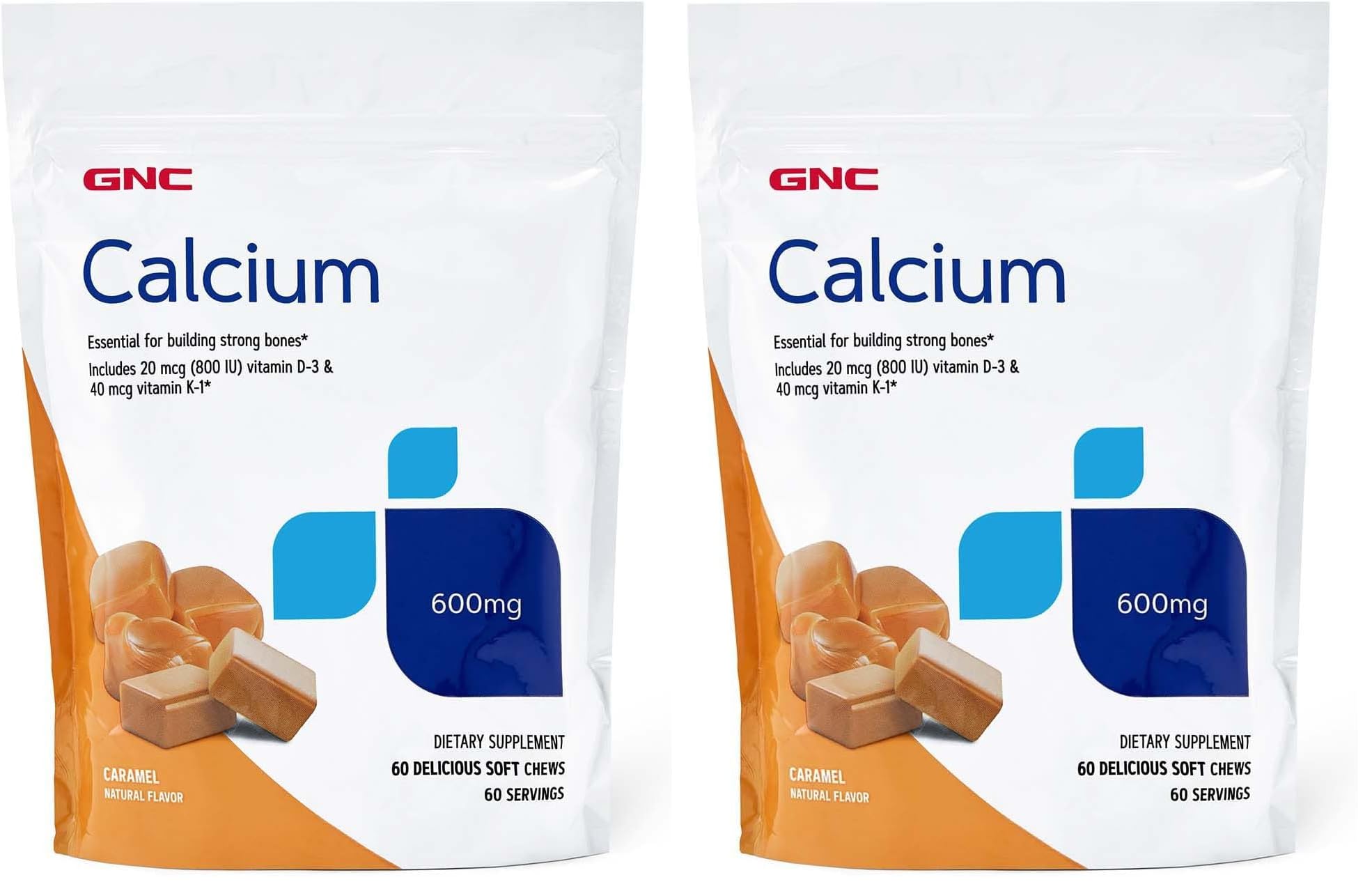 Front view of GNC Calcium 600mg caramel soft chews pack 2