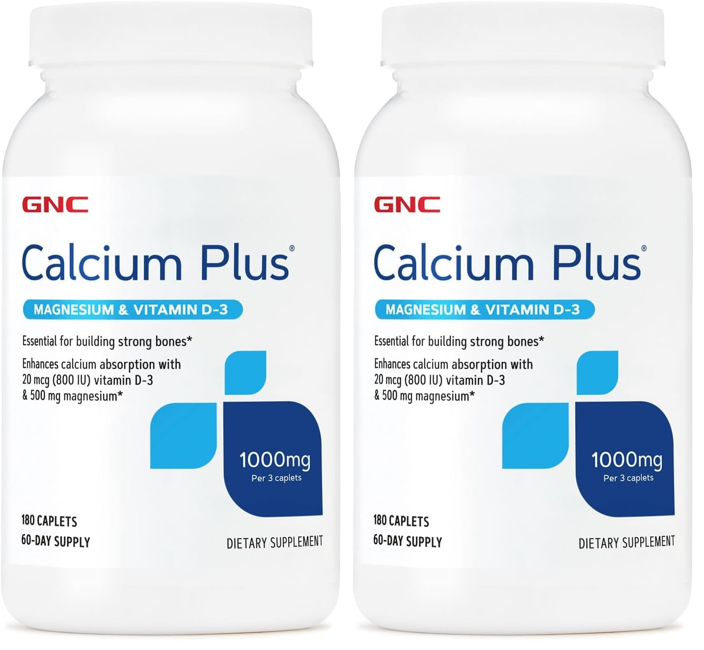 Front view of GNC Calcium Plus Magnesium Vitamin D-3 1000mg, 180-count pack of 2 bottles