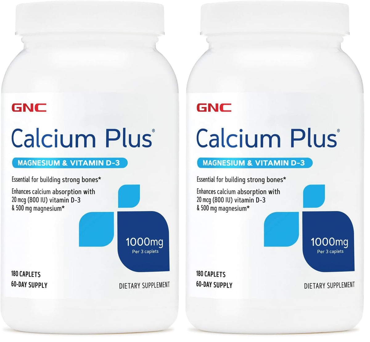 Front view of GNC Calcium Plus Magnesium Vitamin D-3 1000mg, 180-count pack of 2 bottles