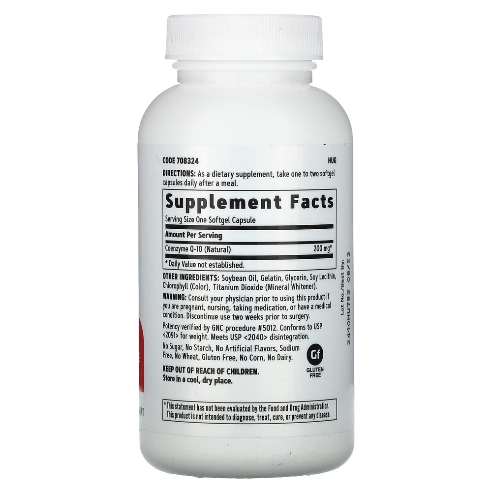 GNC CoQ10 200mg softgels in bottle, convenient daily cardiovascular wellness.