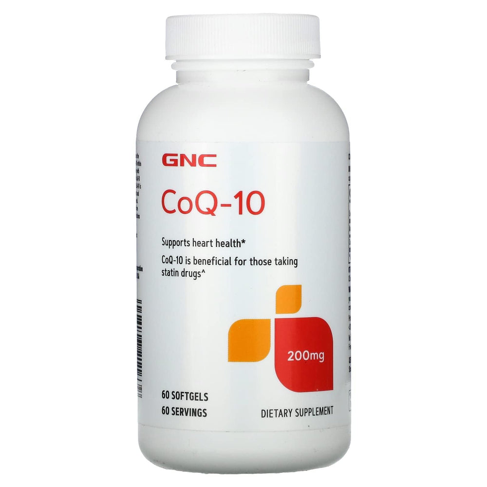GNC CoQ10 200mg softgel bottle close-up for daily heart health support.