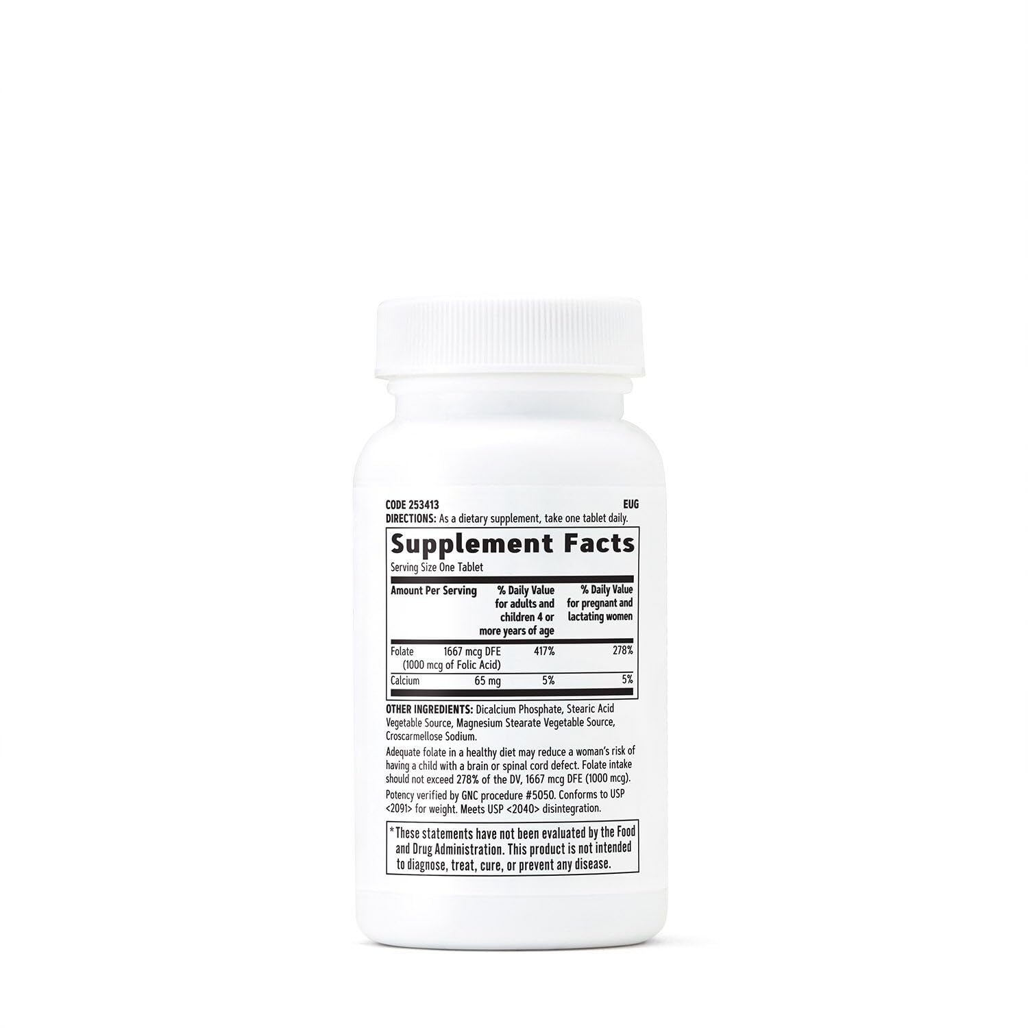 GNC Folic Acid 1000mcg bottle back label