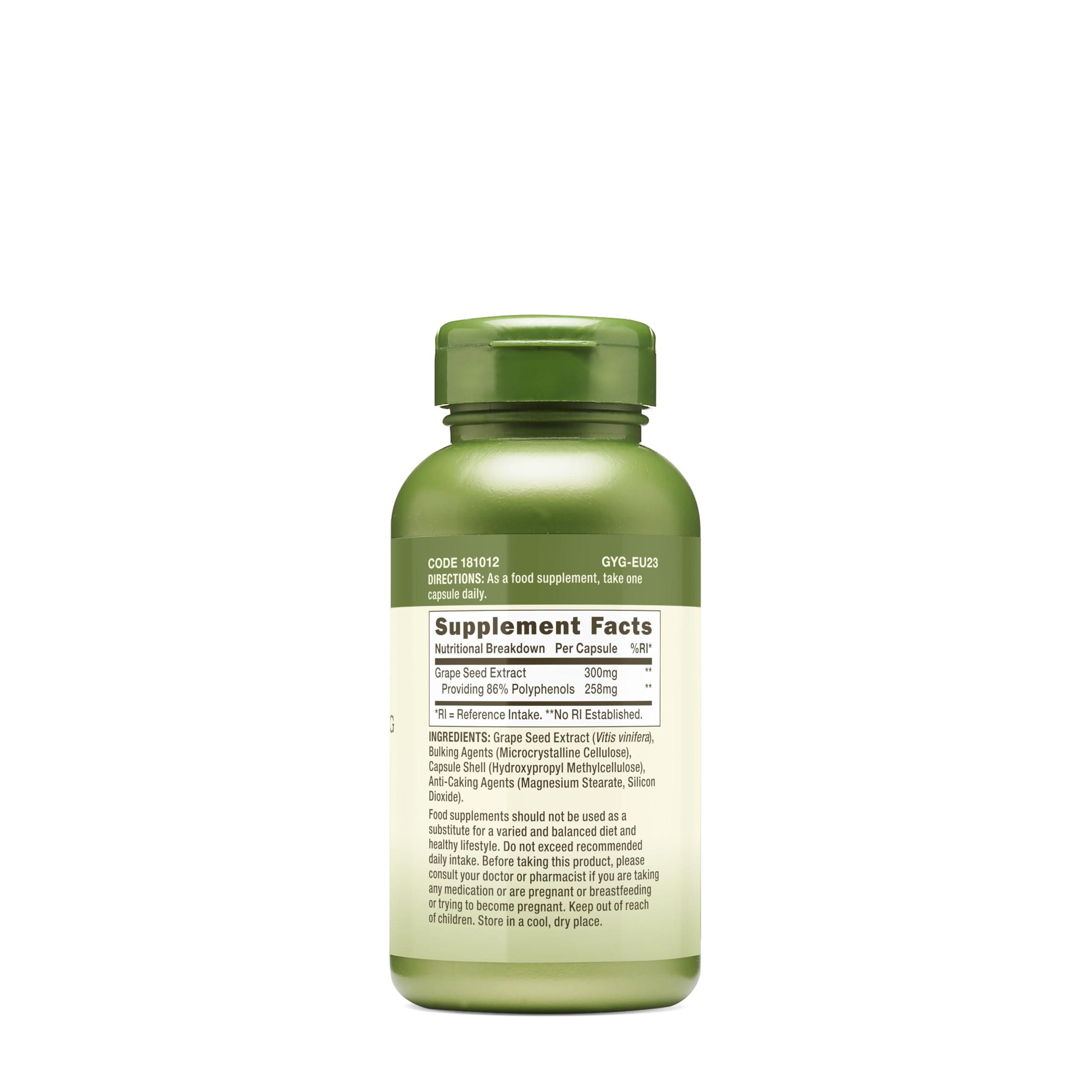 Close-up of grape seed extract capsules showing 300mg dosage