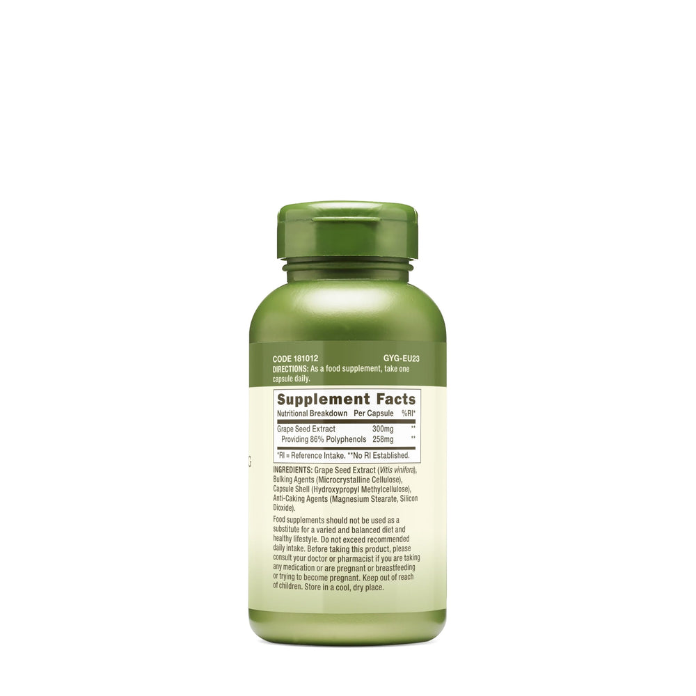 Close-up of grape seed extract capsules showing 300mg dosage