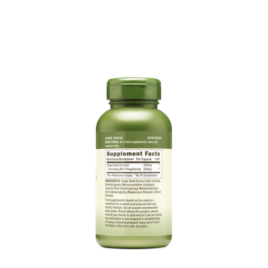 Close-up of grape seed extract capsules showing 300mg dosage