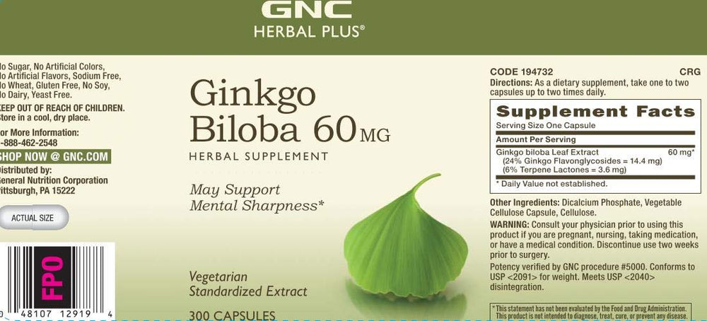Ginkgo Biloba 60mg ingredient label and supplement information