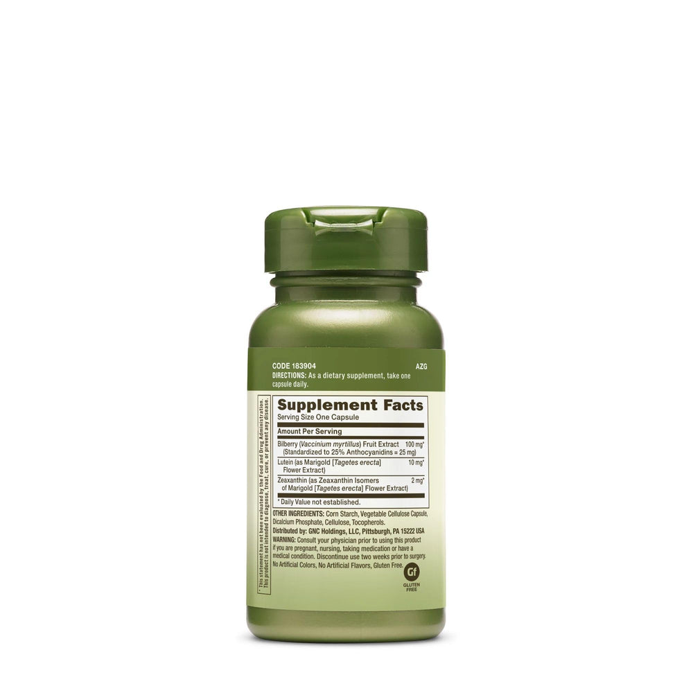 GNC Herbal Plus lutein capsules shown in bottle indicating eye health formula
