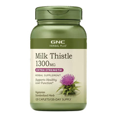 Bottle of GNC Herbal Plus Milk Thistle 1300mg supplement, extra strength, supports healthy liver function