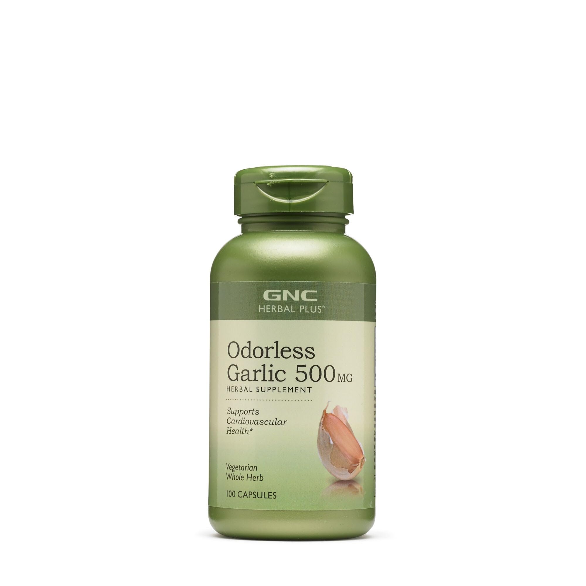 GNC Herbal Plus Odorless Garlic 500mg bottle on white background
