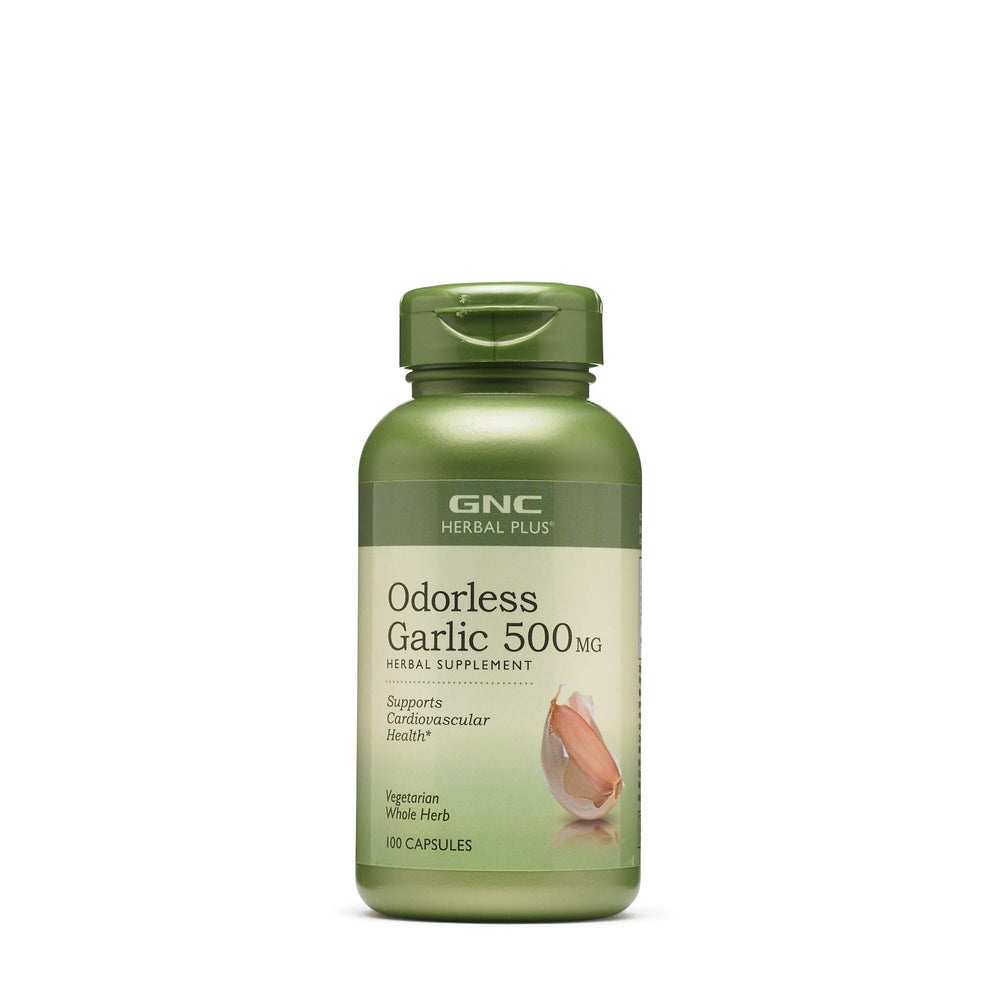 GNC Herbal Plus Odorless Garlic 500mg bottle on white background
