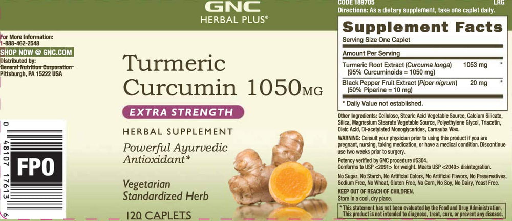 Supplement facts panel showing 1000mg turmeric curcumin