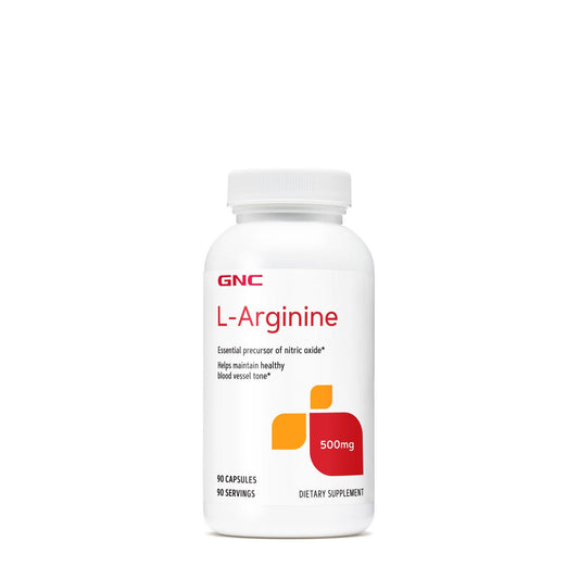GNC L-Arginine 500mg supplement bottle showing label