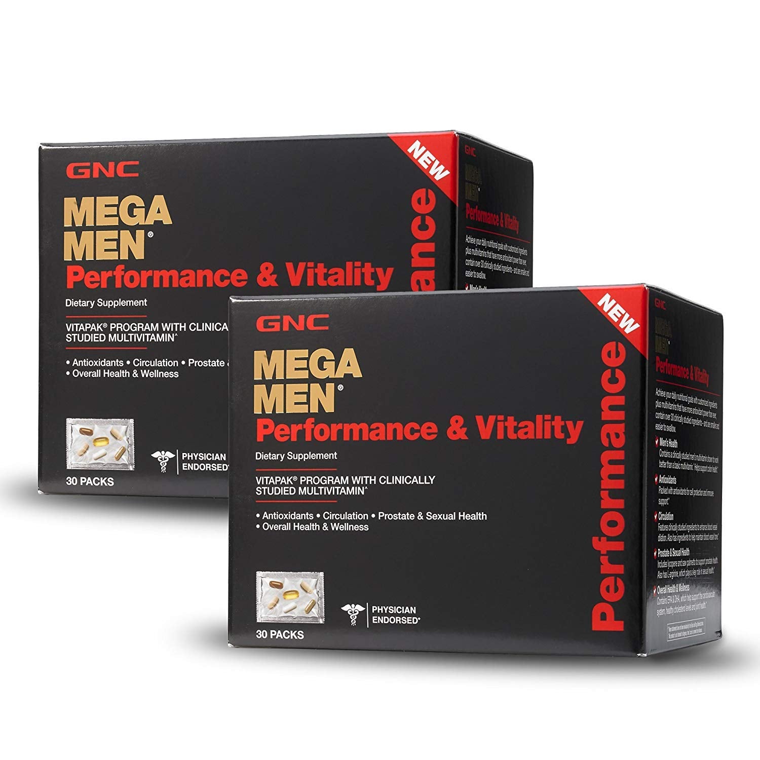 GNC Mega Men Performance Vitality Vitapak 30 Packs - nine pills per pack