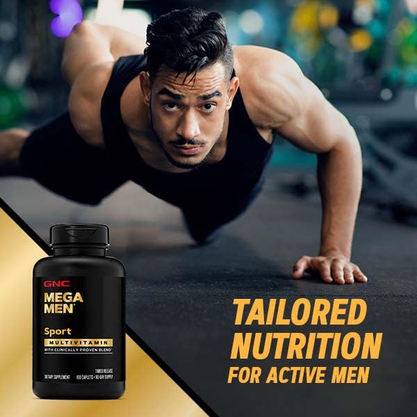 GNC Mega Men Sport capsule texture close-up with smooth coating