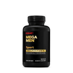 GNC Mega Men Sport packaging side view with gluten-free, dairy-free formulation