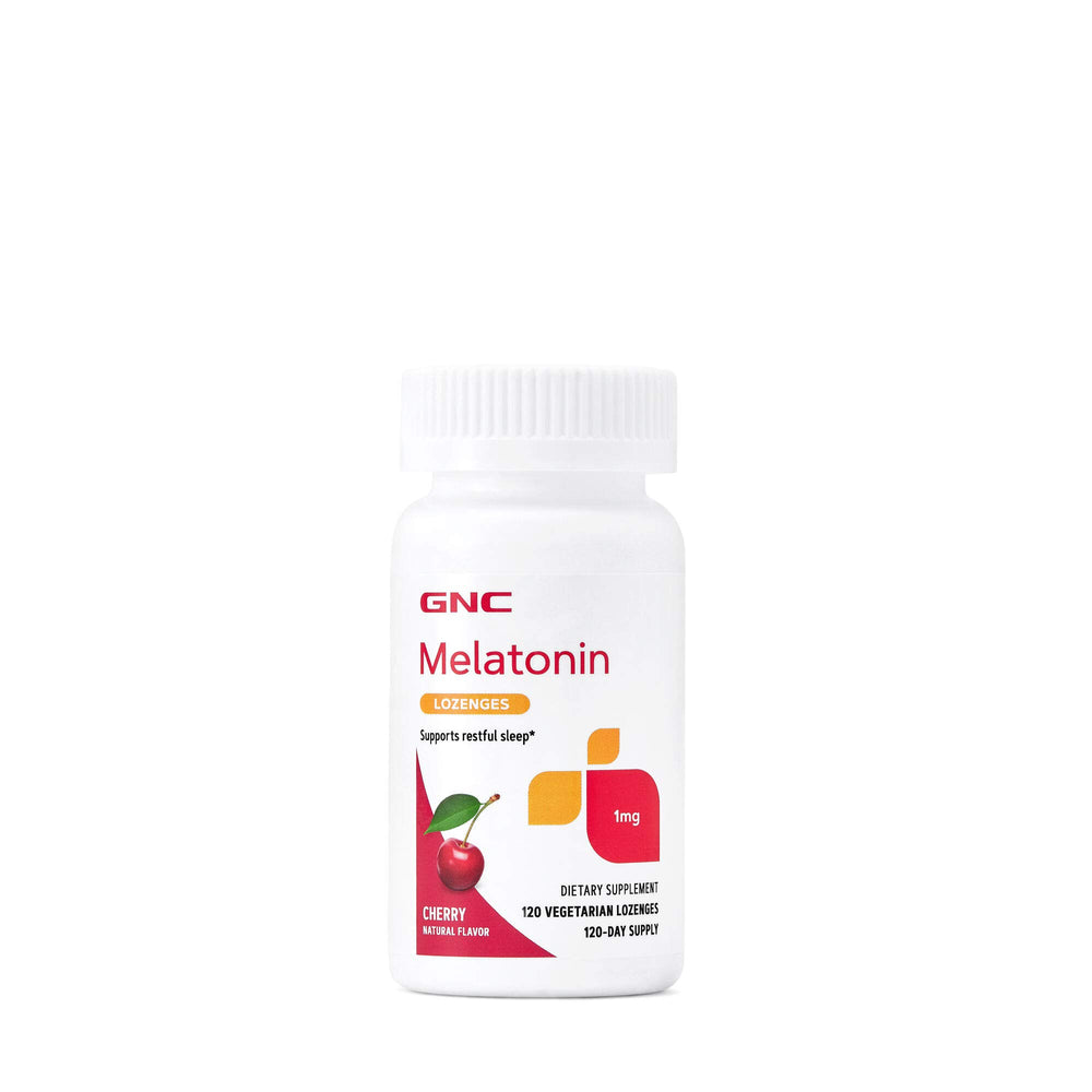 GNC Melatonin 1mg Cherry Lozenges box and bottle packshot