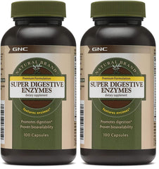 GNC Super Digestive Enzymes bottle highlighting the enzyme blend for protein, carbs, and fats.