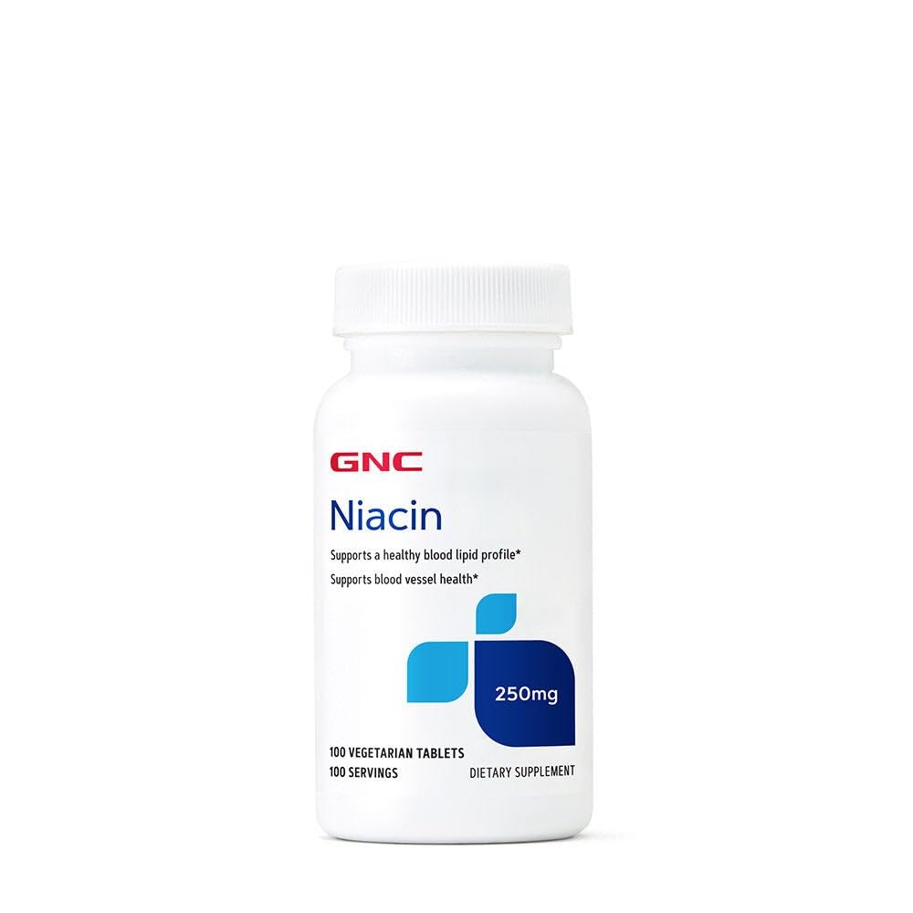 GNC Niacin 250mg bottle with label showing 100 vegetarian tablets