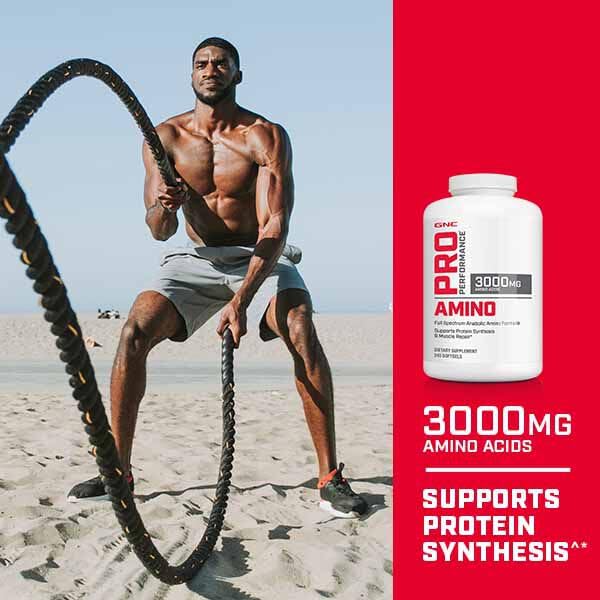 GNC Pro Performance Amino 3000mg softgels capsules ready for daily fueling
