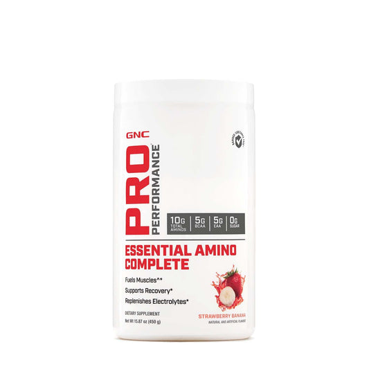GNC Pro Performance Essential Amino Complete Strawberry Banana 15.87 oz bottle – front view