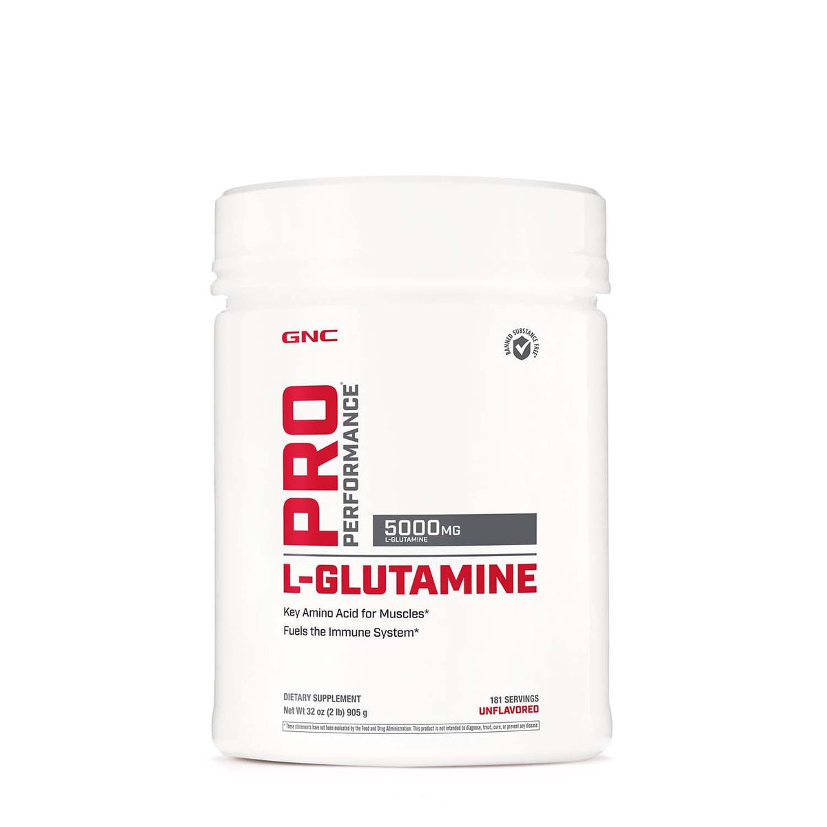 GNC Pro Performance L-Glutamine 5000 mg powder bottle, unflavored