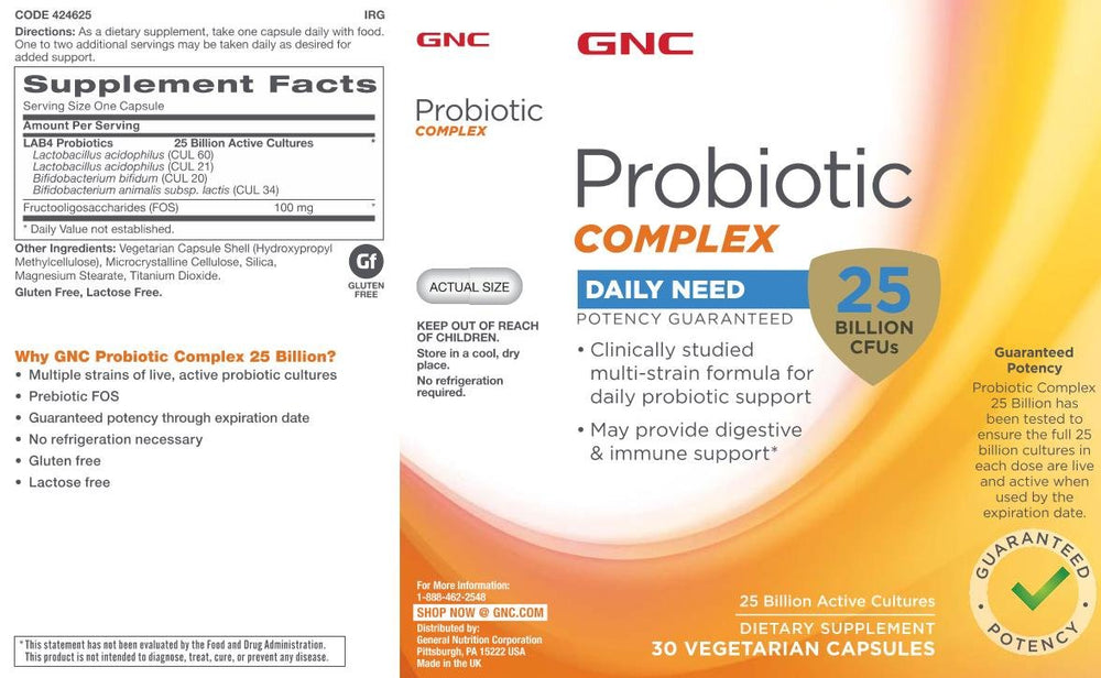 Packaging of GNC Probiotic Complex highlighting gluten-free and lactose-free attributes