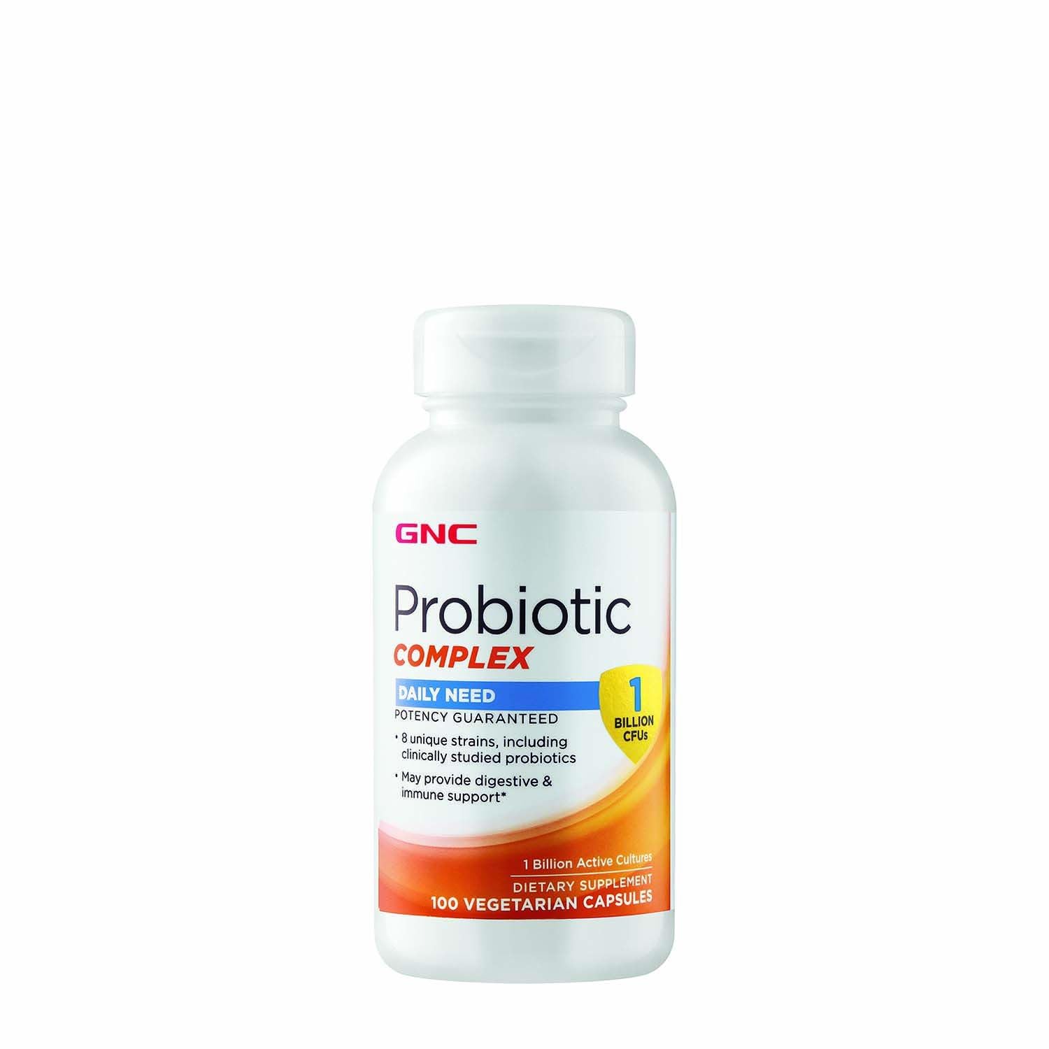 GNC Probiotic Complex bottle label showing 1 Billion CFUs potency