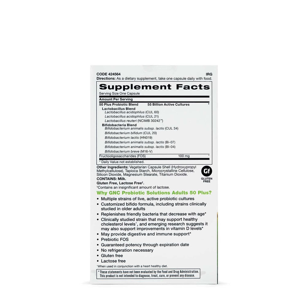 GNC Probiotic Solutions 55B CFU capsule close-up highlights high potency for daily balance.