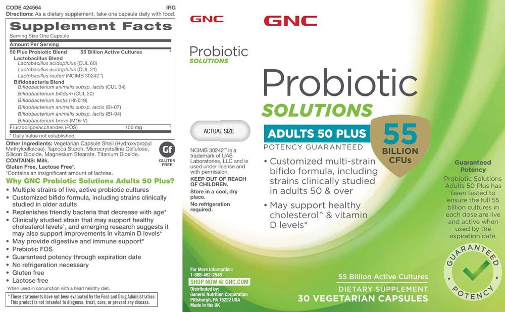 Supplement facts label for GNC Probiotic Solutions Adults 50+ vegetarian formula