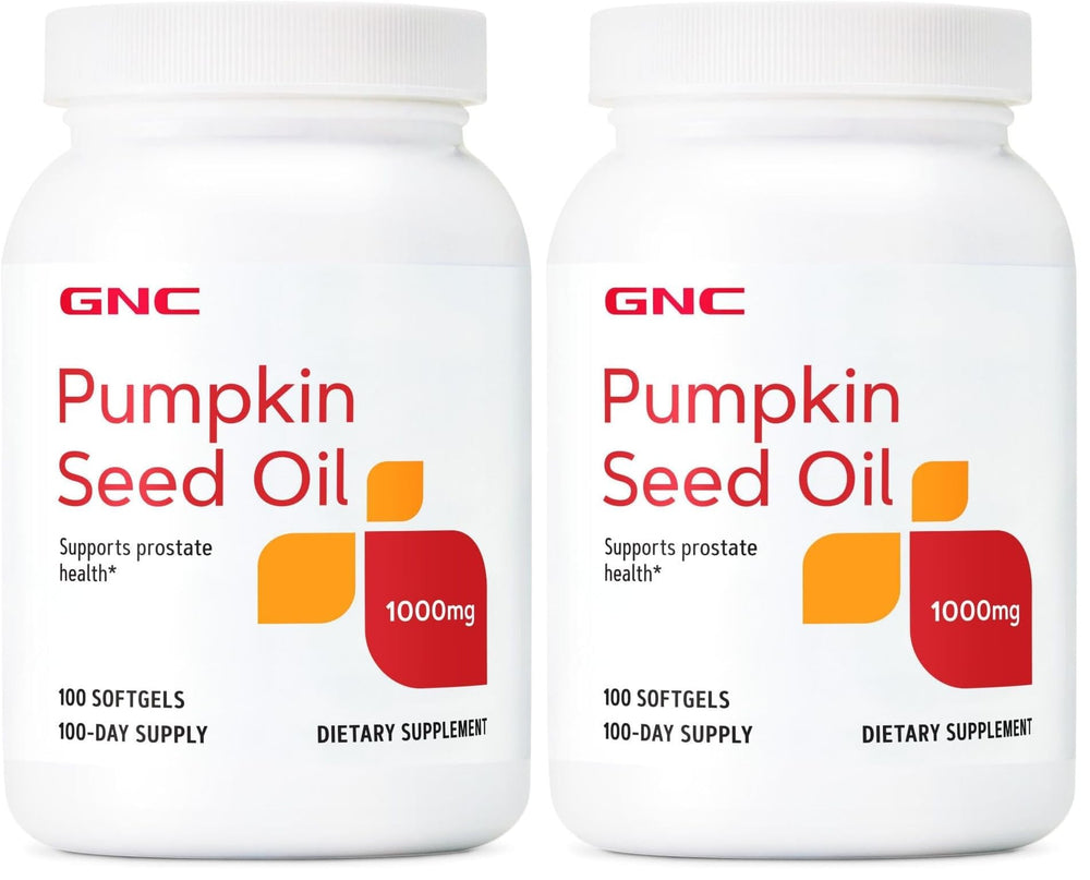 GNC Pumpkin Seed Oil softgel bottle showing the 1000 mg supplement for daily wellness.