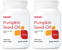 GNC Pumpkin Seed Oil softgel bottle showing the 1000 mg supplement for daily wellness.