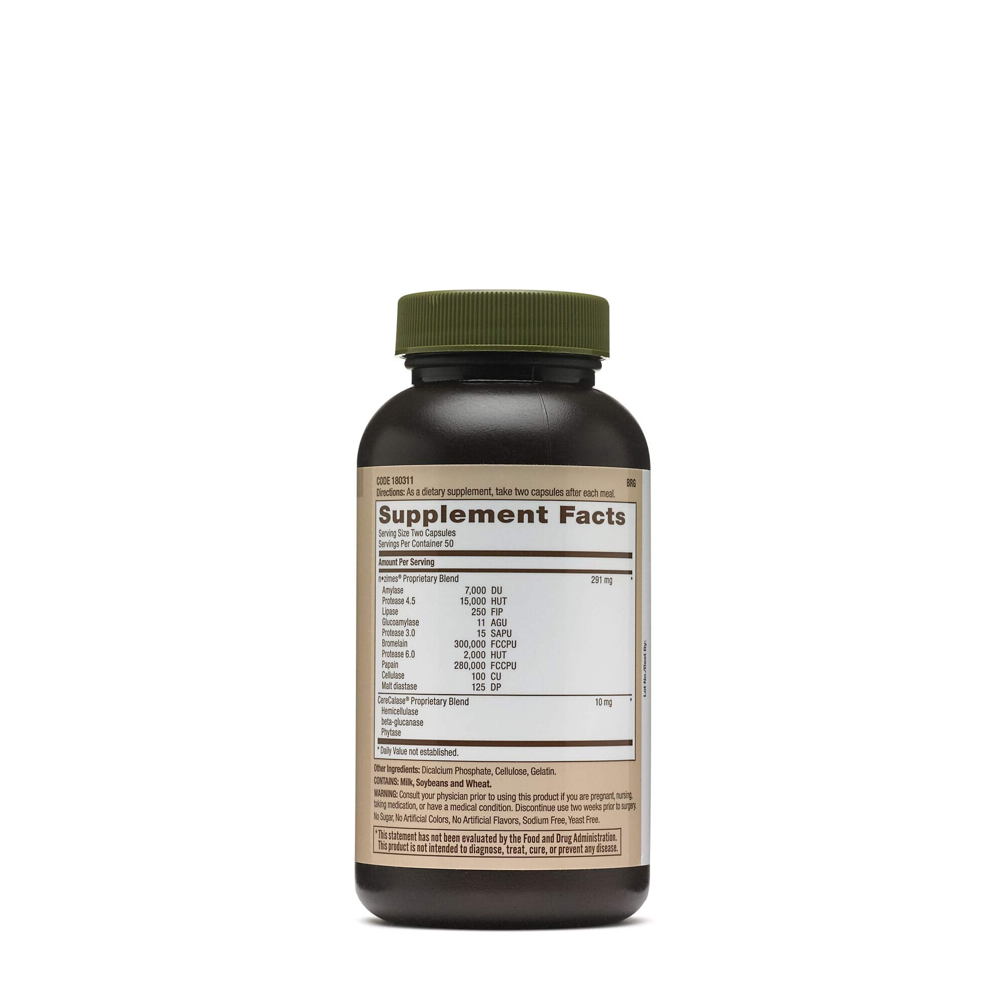 Close-up of GNC Super Digestive Enzymes label highlighting protein, carbohydrate and fat digestion