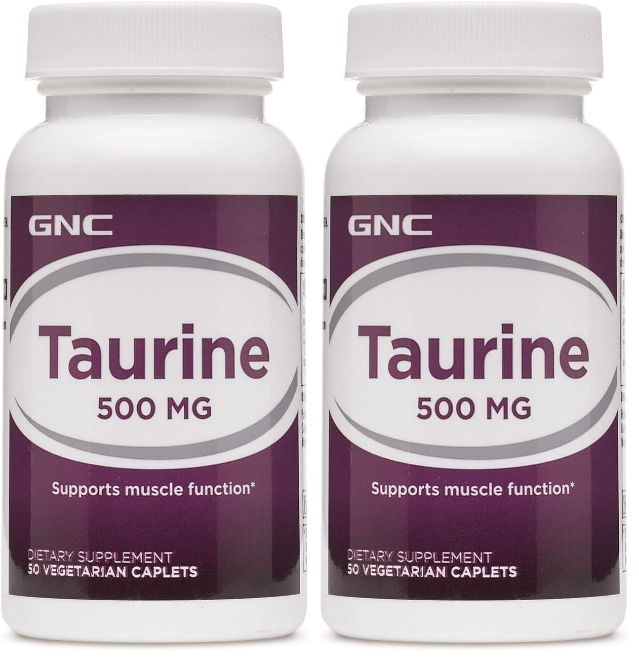 GNC Taurine 500mg bottle front view with 50 caplets, Pack of 2