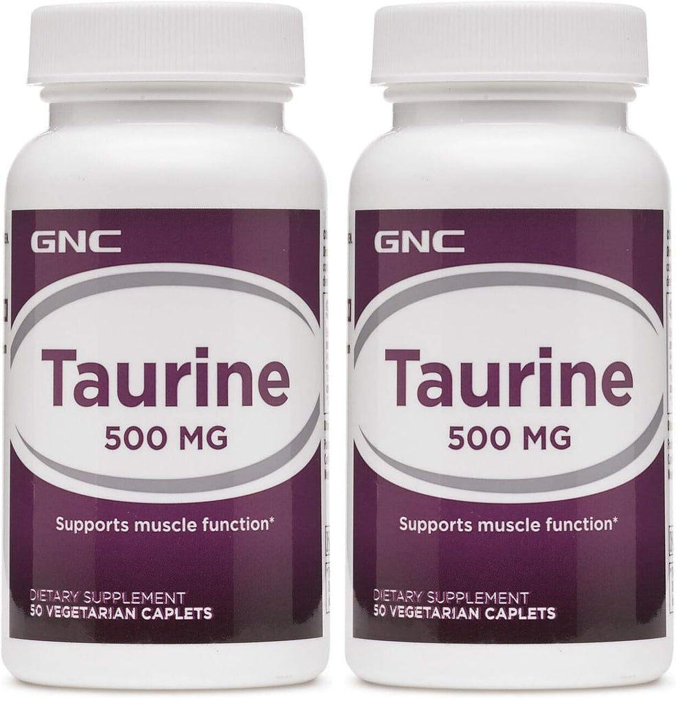 GNC Taurine 500mg bottle front view with 50 caplets, Pack of 2