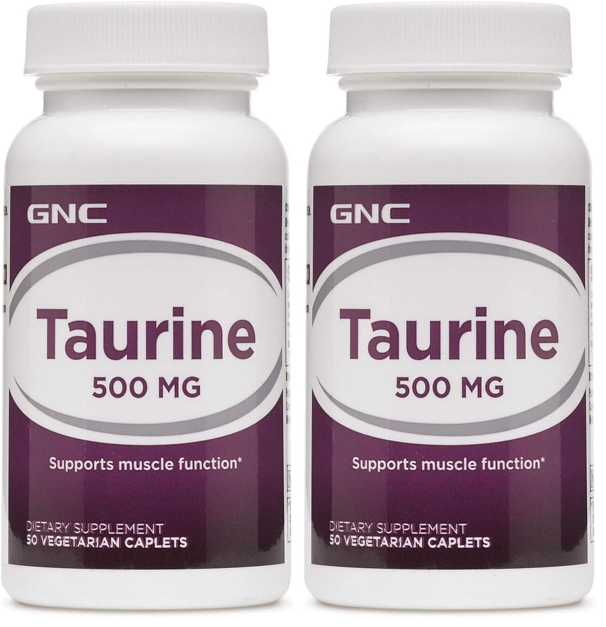 GNC Taurine 500mg bottle front view with 50 caplets, Pack of 2