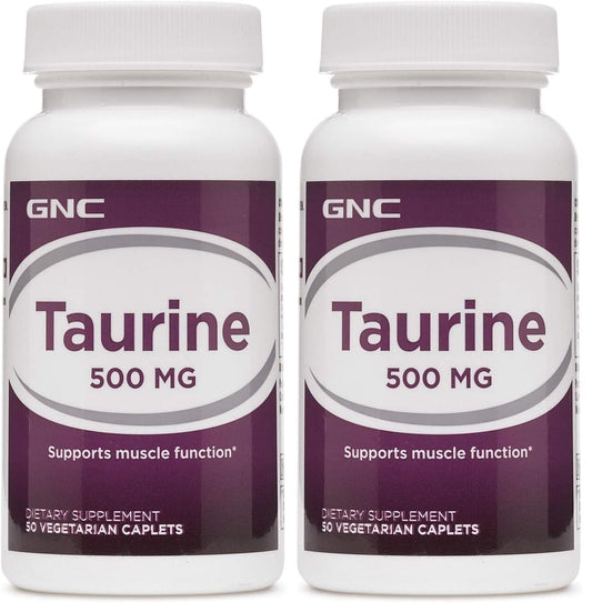 GNC Taurine 500mg bottle front view with 50 caplets, Pack of 2