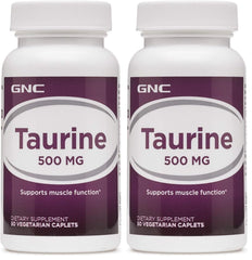GNC Taurine 500mg bottle front view with 50 caplets, Pack of 2