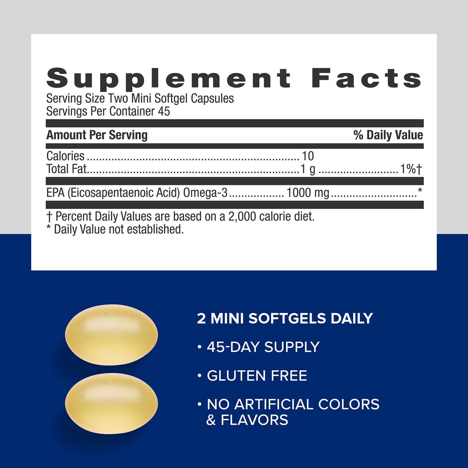 Serving size shows two mini softgels per day