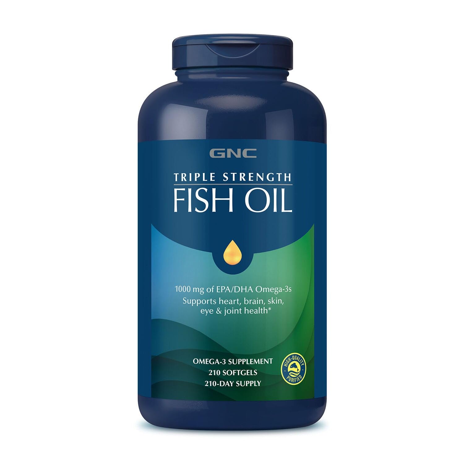 Front view of GNC Triple Strength Fish Oil bottle with 210 softgels