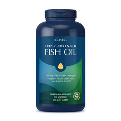 Front view of GNC Triple Strength Fish Oil bottle with 210 softgels