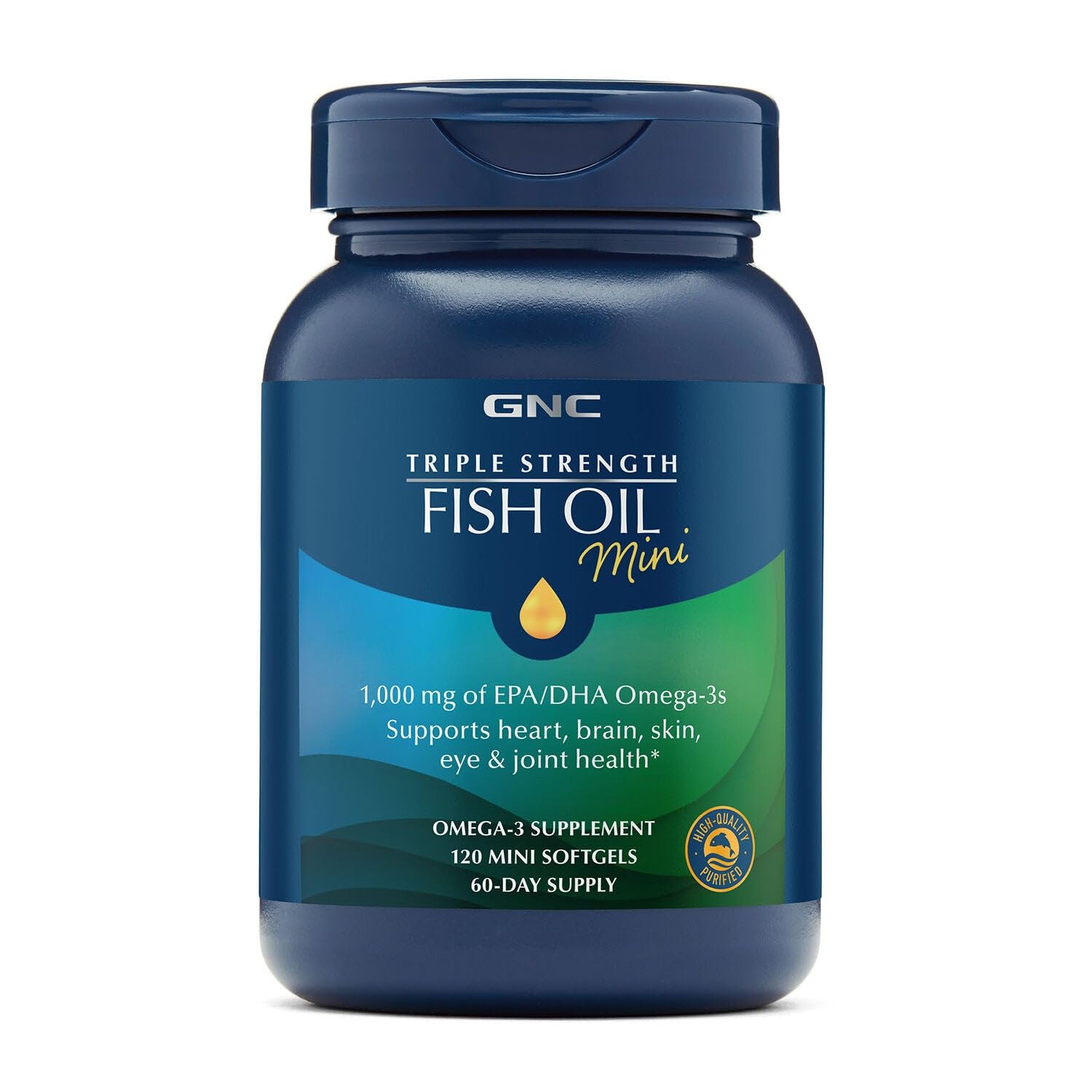 GNC Triple Strength Fish Oil Mini bottle front shows daily omega-3 support