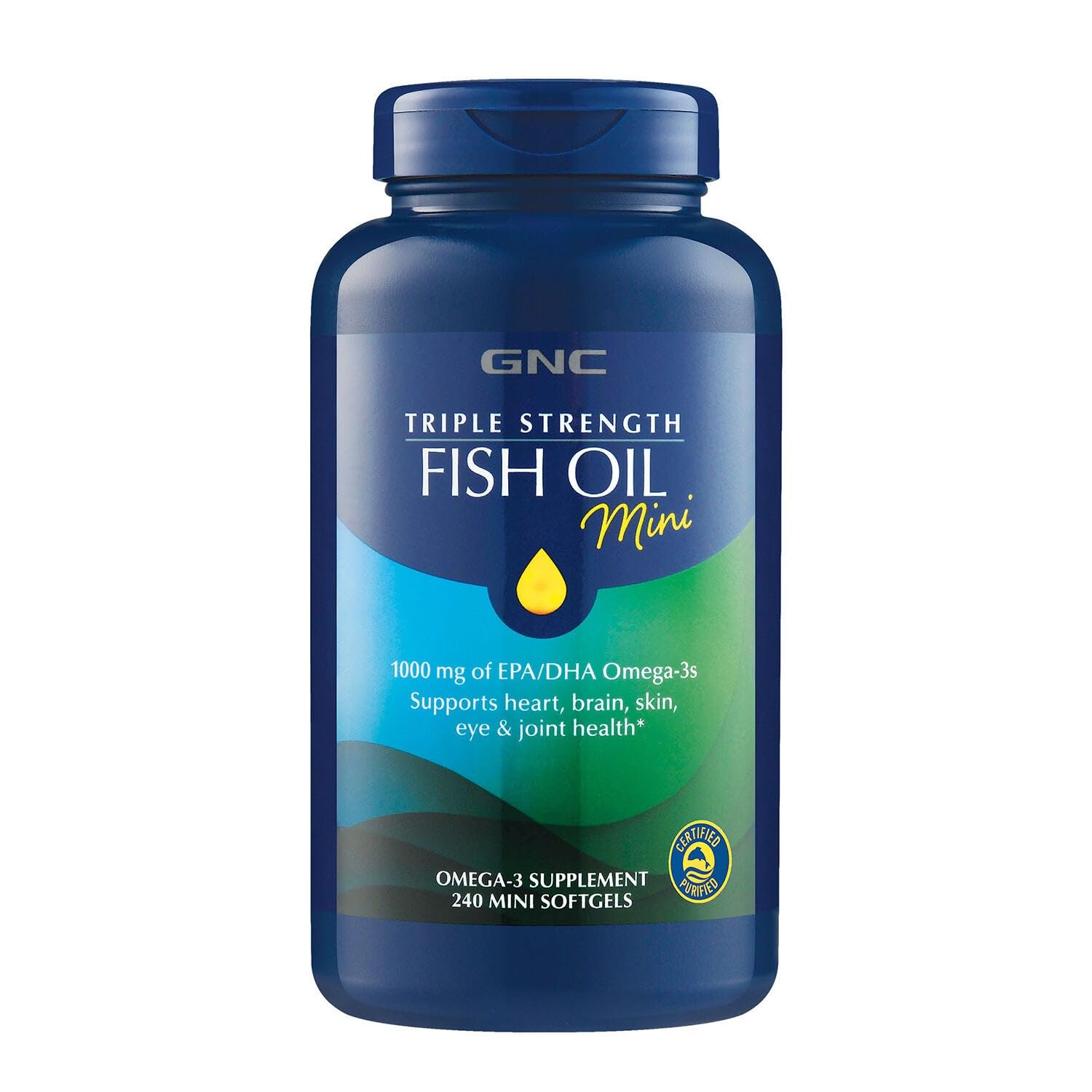 Front view of GNC Triple Strength Fish Oil Mini Softgels bottle