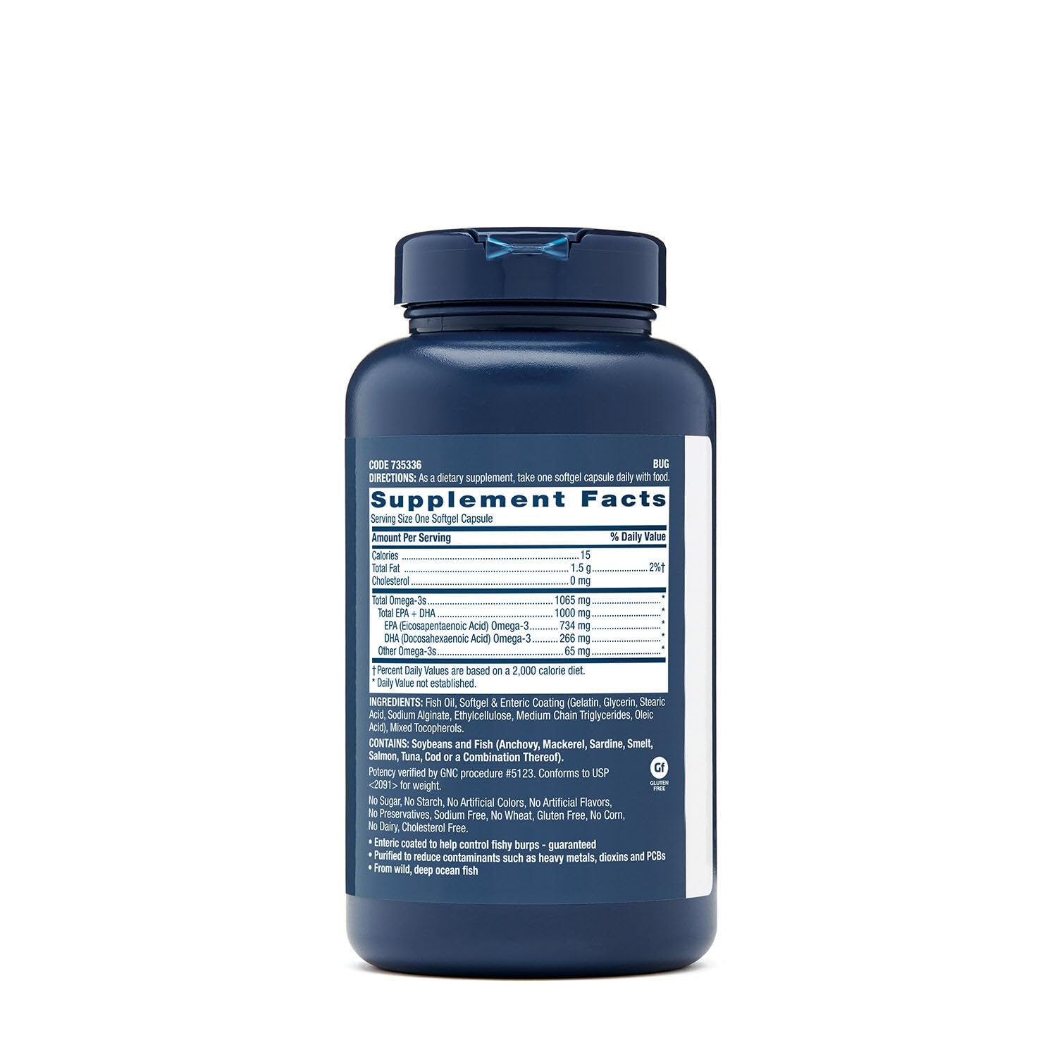 Close-up of GNC Fish Oil label highlighting 1000mg EPA/DHA