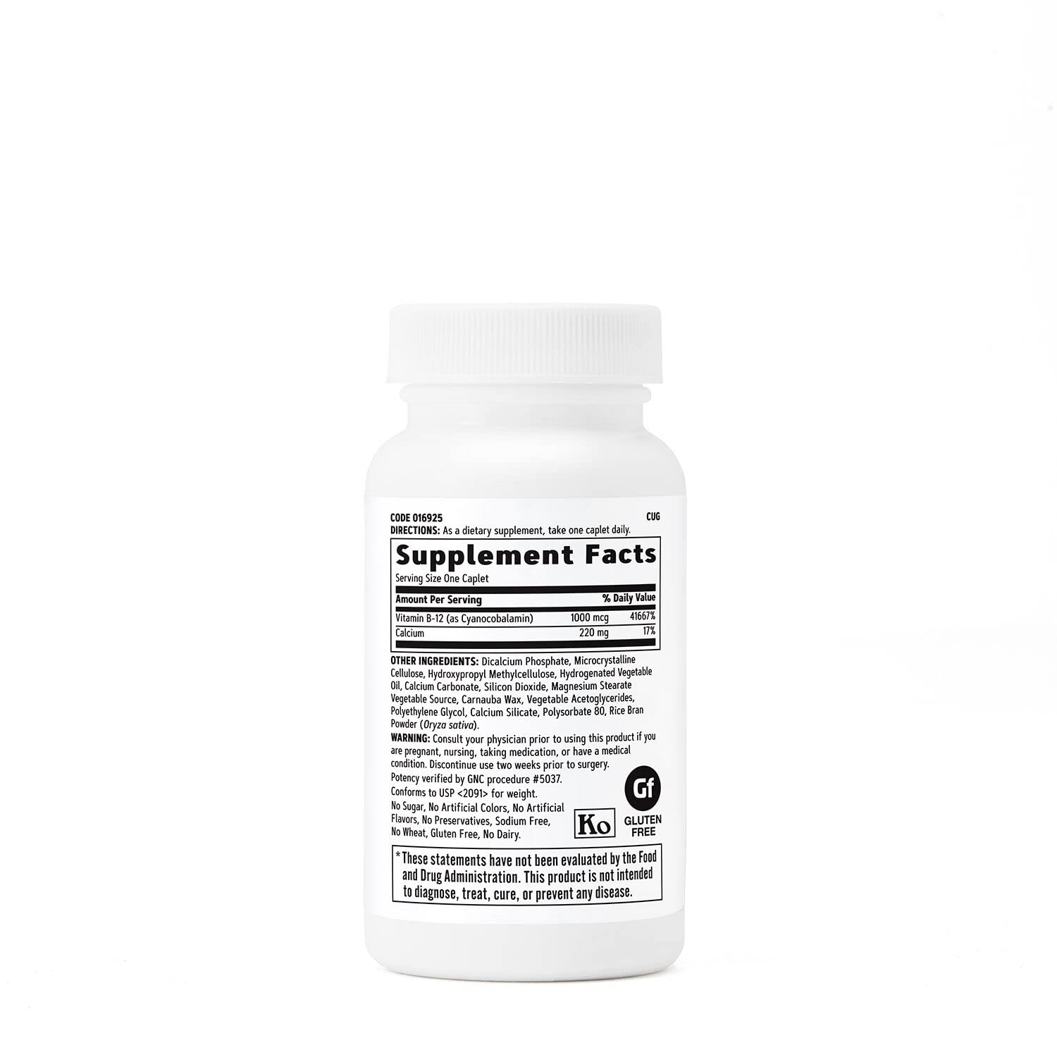 GNC Vitamin B-12 1000mcg bottle side view showing 90 vegetarian caplets