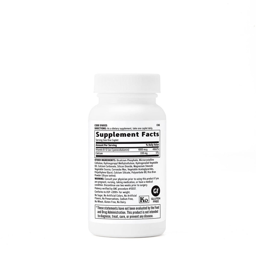GNC Vitamin B-12 1000mcg bottle side view showing 90 vegetarian caplets