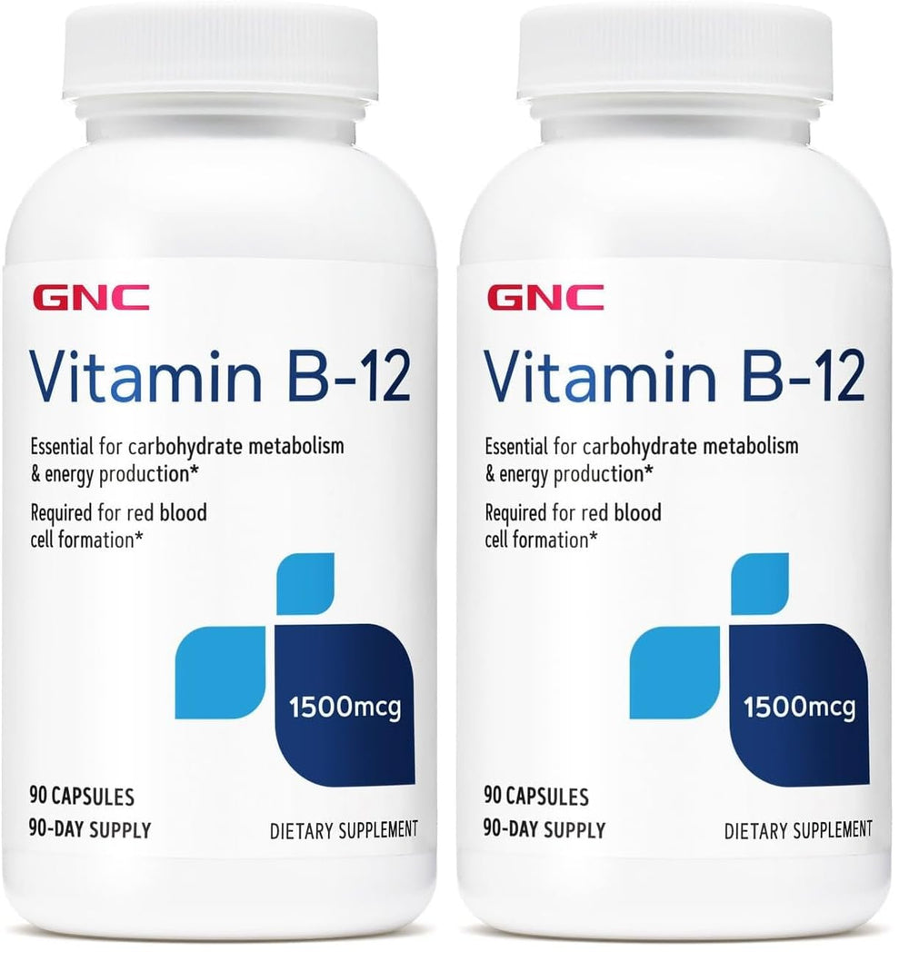 GNC Vitamin B-12 1500mcg bottle - pack of 2 with 90 capsules each