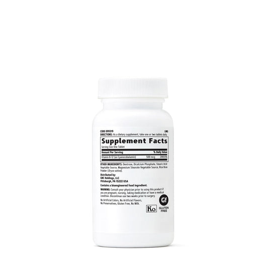 GNC Vitamin B-12 500mcg bottle back view with label details